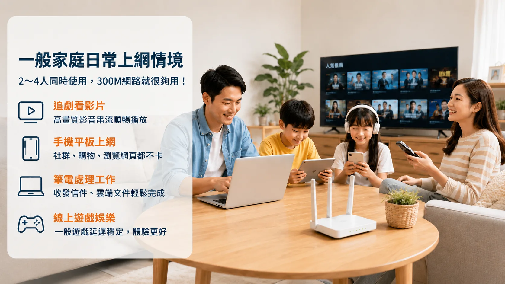 一般家庭多人使用300M網路的居家上網情境
