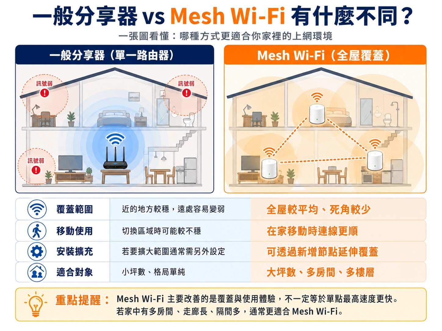 一般分享器與 Mesh Wi-Fi 家庭無線網路覆蓋比較