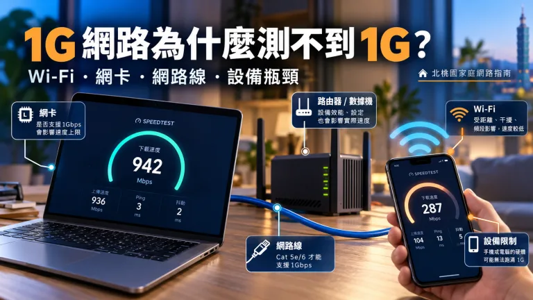 1G 網路為什麼測不到 1G？Wi-Fi、網卡、網路線與設備瓶頸示意圖