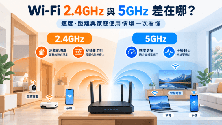 Wi-Fi 2.4GHz 與 5GHz 比較圖，說明兩種頻段的速度、傳輸距離、穿牆能力，以及手機、電視和智慧家電的適用情境